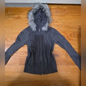 Dark Gray Faux Fur Hooded Knit Sweater Y2k (Medium)